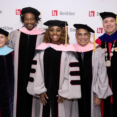 Left to right: Berklee Interim Executive Vice President Betsy Newman, Q-Tip, Ledisi,  Gilberto Santa Rosa, and Berklee Interim President and Provost David Bogen. 