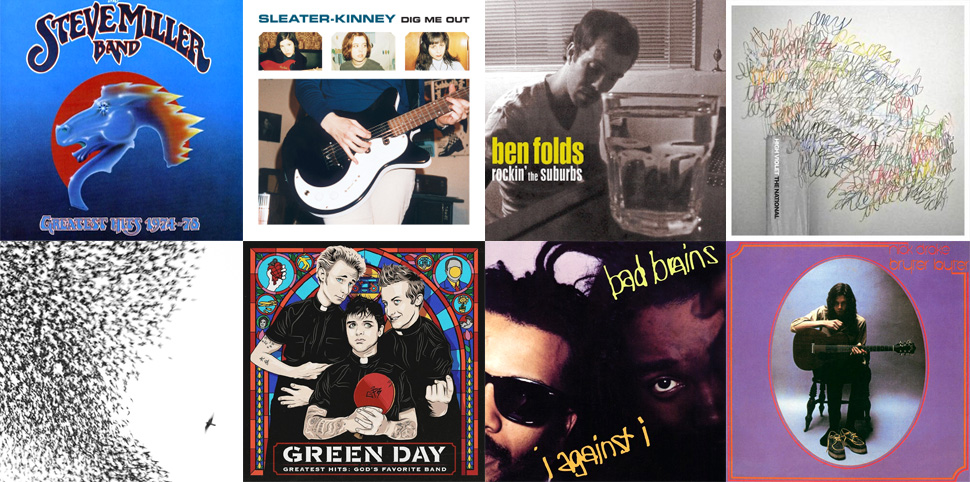 Collage of album art from the songs featured in the dad rock playlist