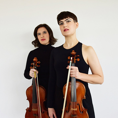 two musicians stand with their instruments 