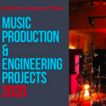 Photo of a set stage with no performers and red lights with text that reads "Music Production and Engineering Projects 2020"