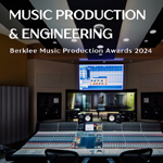 Photo of a sound board in front of a recording studio with text that reads "Music Production and Engineering: Berklee Music Production Awards 2024"