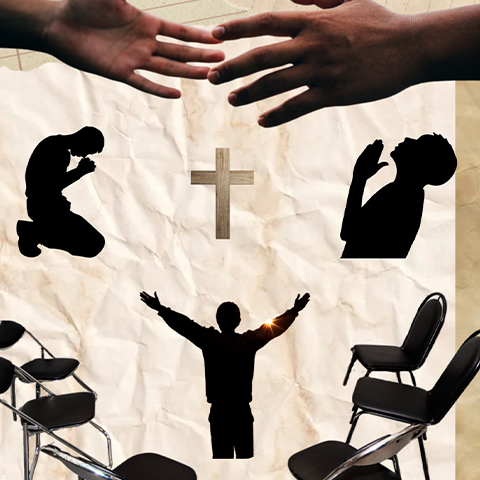 Image of two hands reaching towards each other, with three silhouttes of people praying, kneeled over, a section of black foldable chairs, and a cross.