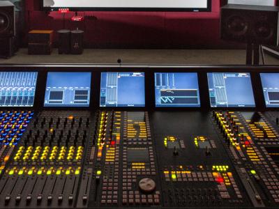 Large mixing console with digital monitors