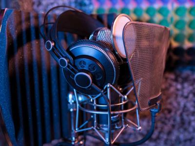 Closeup of microphone and headphones