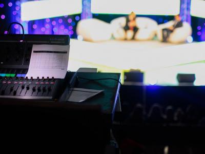 Professional audio equipment facing a live TV talkshow