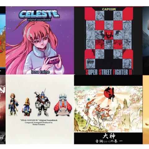 Collage of album art from eight video game soundtracks 
