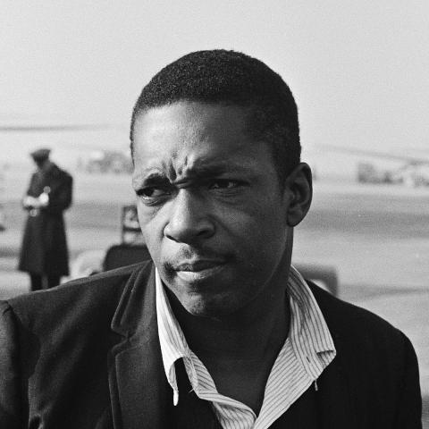 black and white photograph of John Coltrane