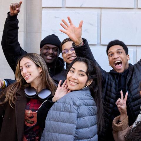 A group of excited students outside the Berklee Performance Center