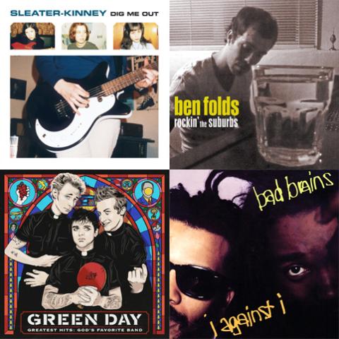 Collage of album art from the songs featured in the dad rock playlist