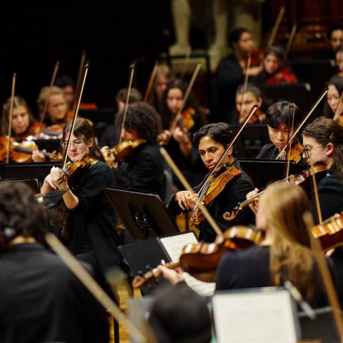 Boston Conservatory Orchestra strings students performing in concert black on stage.