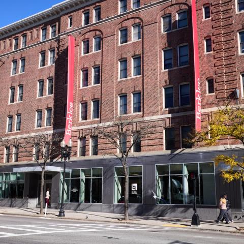 Mass Ave featuring Berklee banners on the 150 building