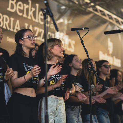 Students performing in the 2025 Berklee at Umbria Jazz Clinics Gospel Ensemble.