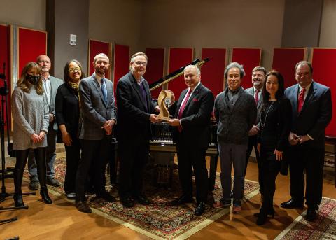 Photo of Berklee administrators accepting Yamaha's Institution of Excellence award