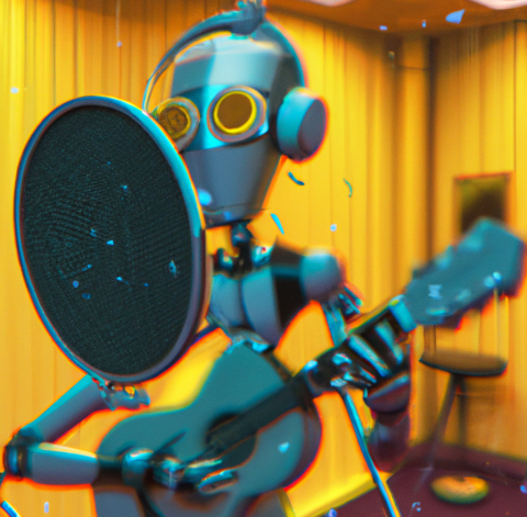 AI illustration of a robot recording an acoustic song in a studio