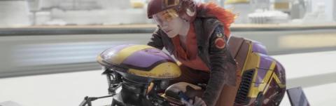A still of the character Sabine Wren on a speeder bike from Lucasfilm's Star Wars: Ahsoka