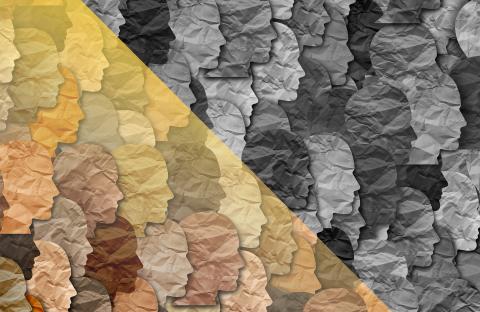 Collage of head silhouettes turned to the right in varying skin tones with a half black and white and half yellow hue over it. 