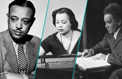 Black and white collage of William Grant Still, Margaret Bonds, and Samuel Coleridge-Taylor.