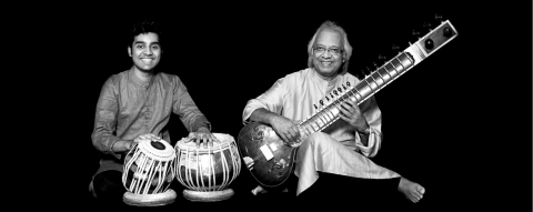 Pandit Ghosh with a sitar and his son Ishaan Ghosh with Tablas