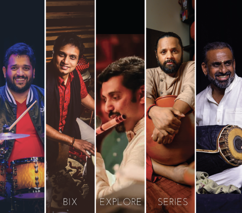 Five members of the band Layatharanga pose and smile with their instruments. Each player is in their own column.