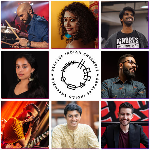 Eight Members of Berklee Indian Ensemble arranged in a collage with their logo in the middle "Brady Bunch" style
