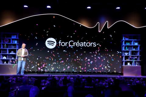 Gustav Söderström on stage at Spotify's Now Playing event in Los Angeles on November 13, 2024. The screen behind him says Spotify for Creators
