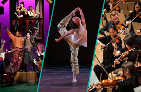 Collage of three images: students in a theater production standing with their arms out, a dancer on point with one leg raised behind, in their hand, and string players in an orchestra.