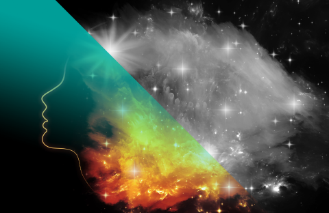 image split between a face silhouette and acomet constellation, half in color and half in black and white.