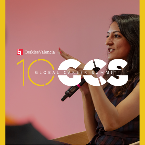 Speaker and logos of Berklee Valencia's Global Career Summit 