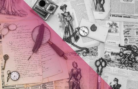 newspapers with drawings of women in old fashion dresses, a magnifying glass, scissor, ink, keys, and pocket compass spread across the newspapers.