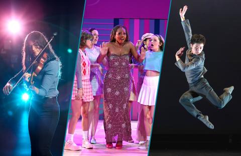 Three-part collage of astring player, a musical theater scene with three actors on stage, and a dancer jumping mid air.