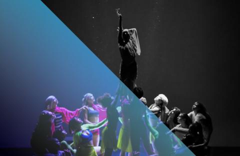 Group of dancers holding up one dancer in the air in the middle of the photo. The image is half in black and white and half with a blue-hue over it.