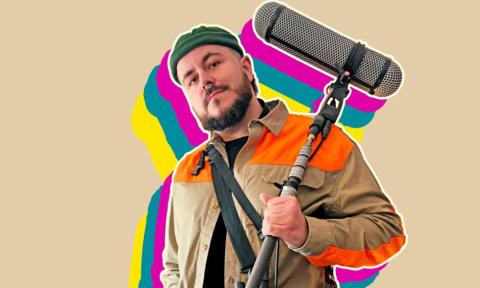 Chris Bolte holding a large boom mic against a stylized graphic background featuring multicolor silhouettes of him.