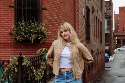 Siva in front of a Back Bay brownstone