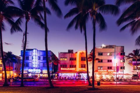 Art Deco hotels on Miami Beach at night