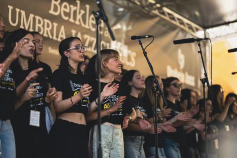 Students performing in the 2025 Berklee at Umbria Jazz Clinics Gospel Ensemble.