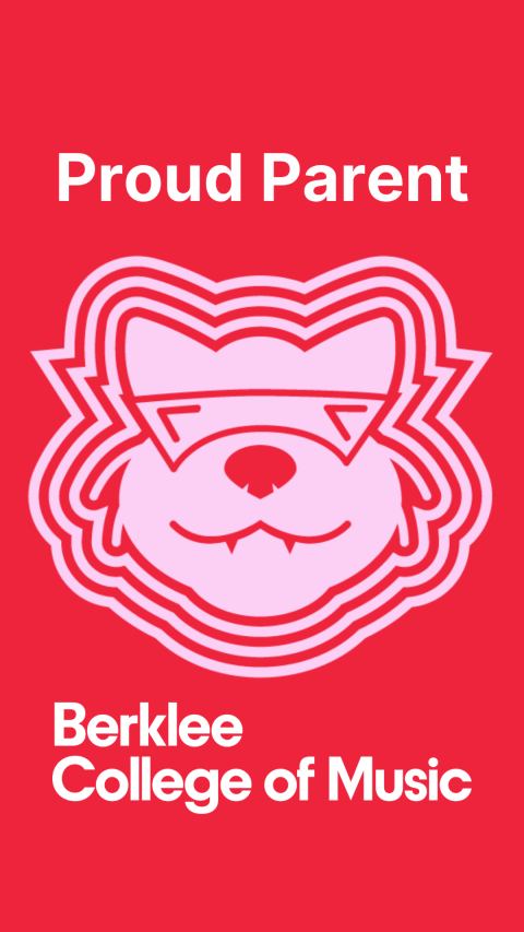 Red background with a pink Mingus and text that says Proud Parent and Berklee College of Music