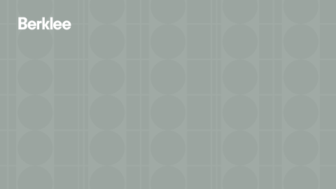 Darker gray background with shapes and the white Berklee logo in the top right corner