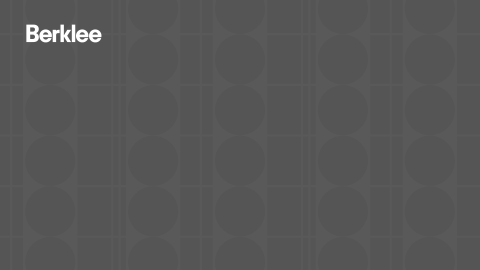 Very dark gray background with shapes and the white Berklee logo in the top left corner