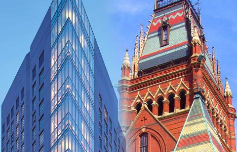 Harvard and Berklee buildings shown side-by-side